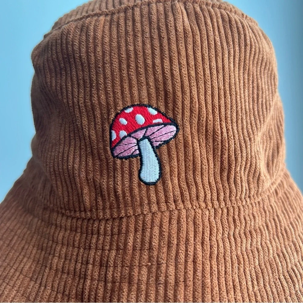 Claire's Brown Corduroy Bucket Hat with Embroidered Mushroom - OS